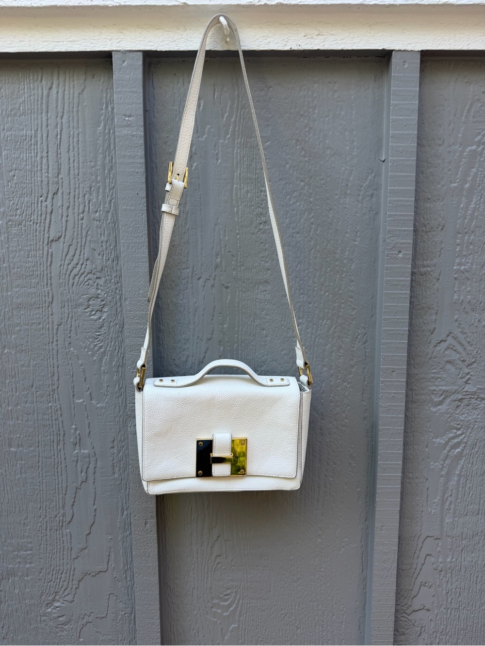India Hicks Lady P Crossbody Bag in Ivory Pebbled Leather with Brass Hardware